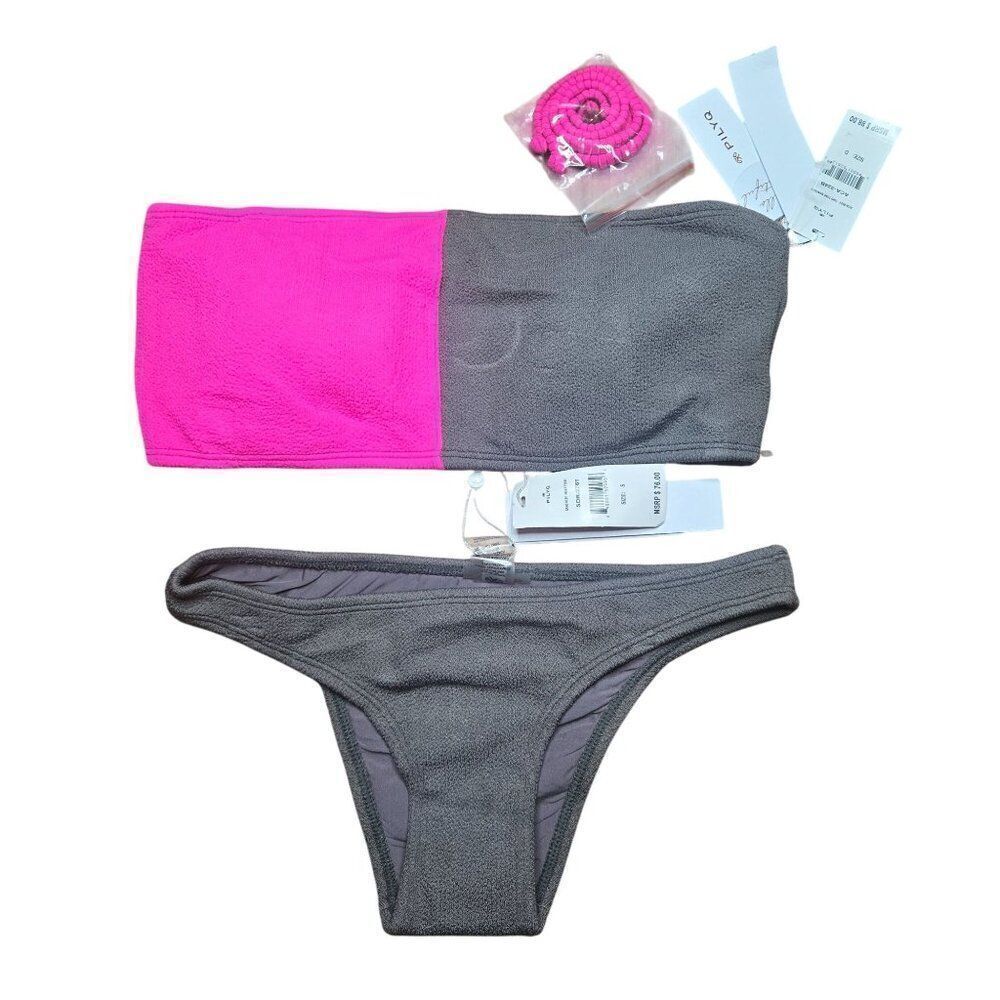 PilyQ Acai Reef Bikini Pink Gray Bandeau Top Size D Bottoms Size Small Swimwear